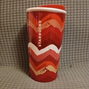 Starbucks 2014 Red Chevron Ceramic 10 oz Travel Cup (011126F)